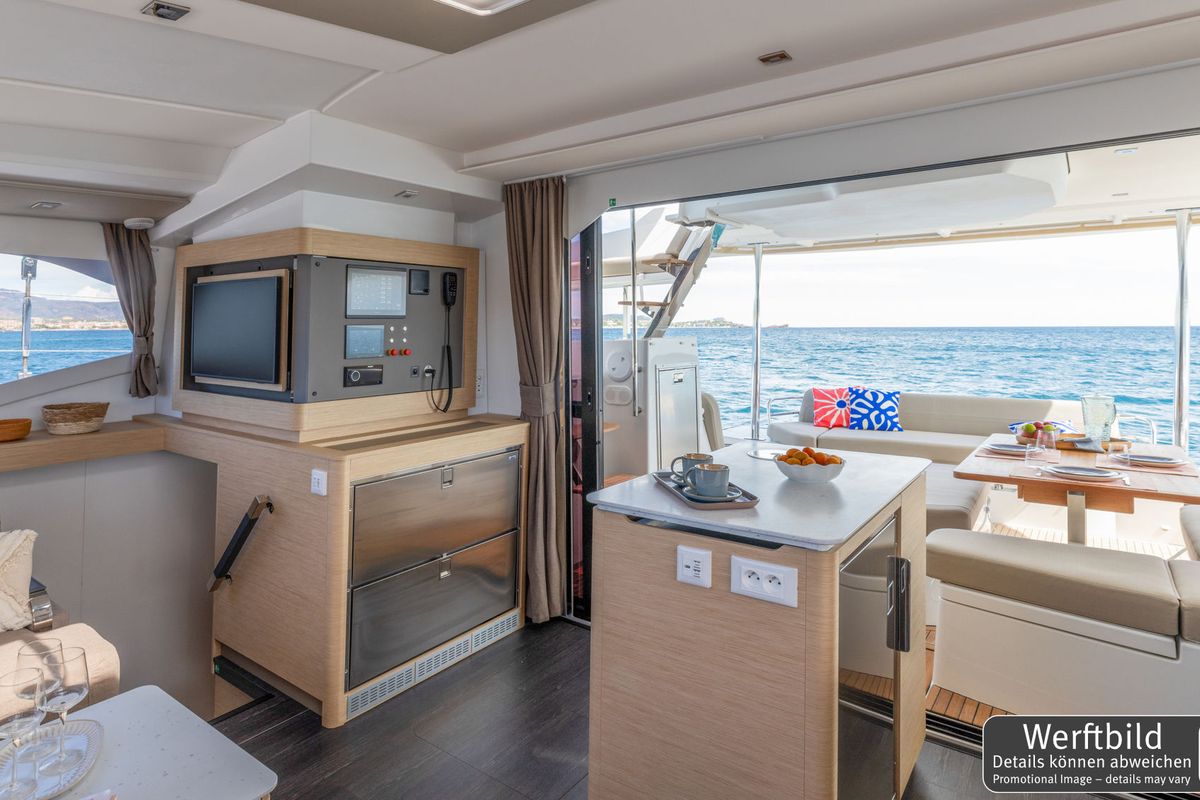 Galley of Hi Iaka, a Fountaine Pajot FP 44 Maestro catamaran at Palma de Mallorca, Spain