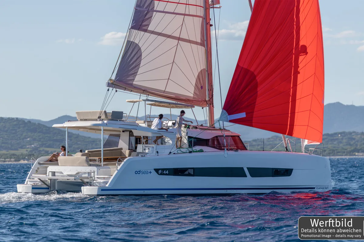 Exterior view of Hi Iaka, a Fountaine Pajot FP 44 Maestro catamaran at Palma de Mallorca, Spain