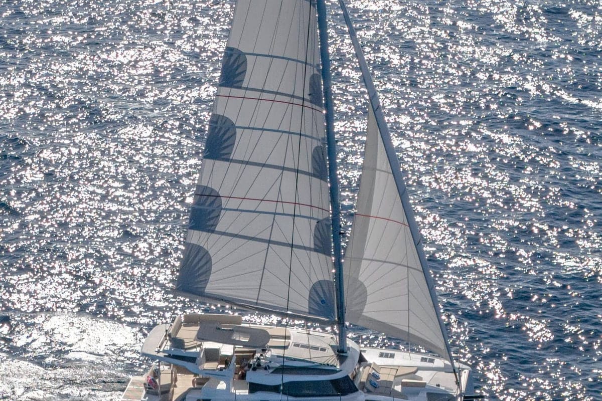 Exterior view of Hi Iaka, a Fountaine Pajot FP 44 Maestro catamaran at Palma de Mallorca, Spain