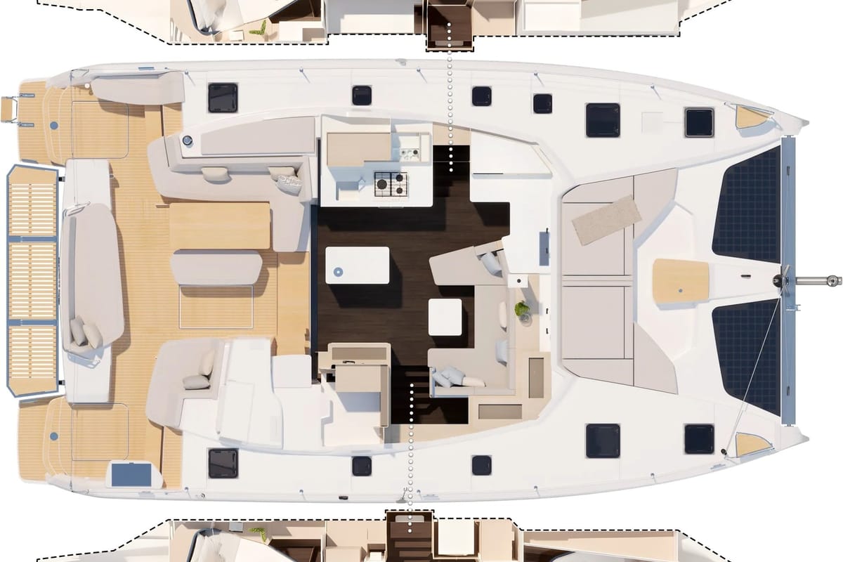 Exterior view of Hi Iaka, a Fountaine Pajot FP 44 Maestro catamaran at Palma de Mallorca, Spain