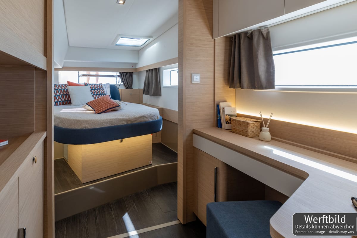 Exterior view of Hi Iaka, a Fountaine Pajot FP 44 Maestro catamaran at Palma de Mallorca, Spain