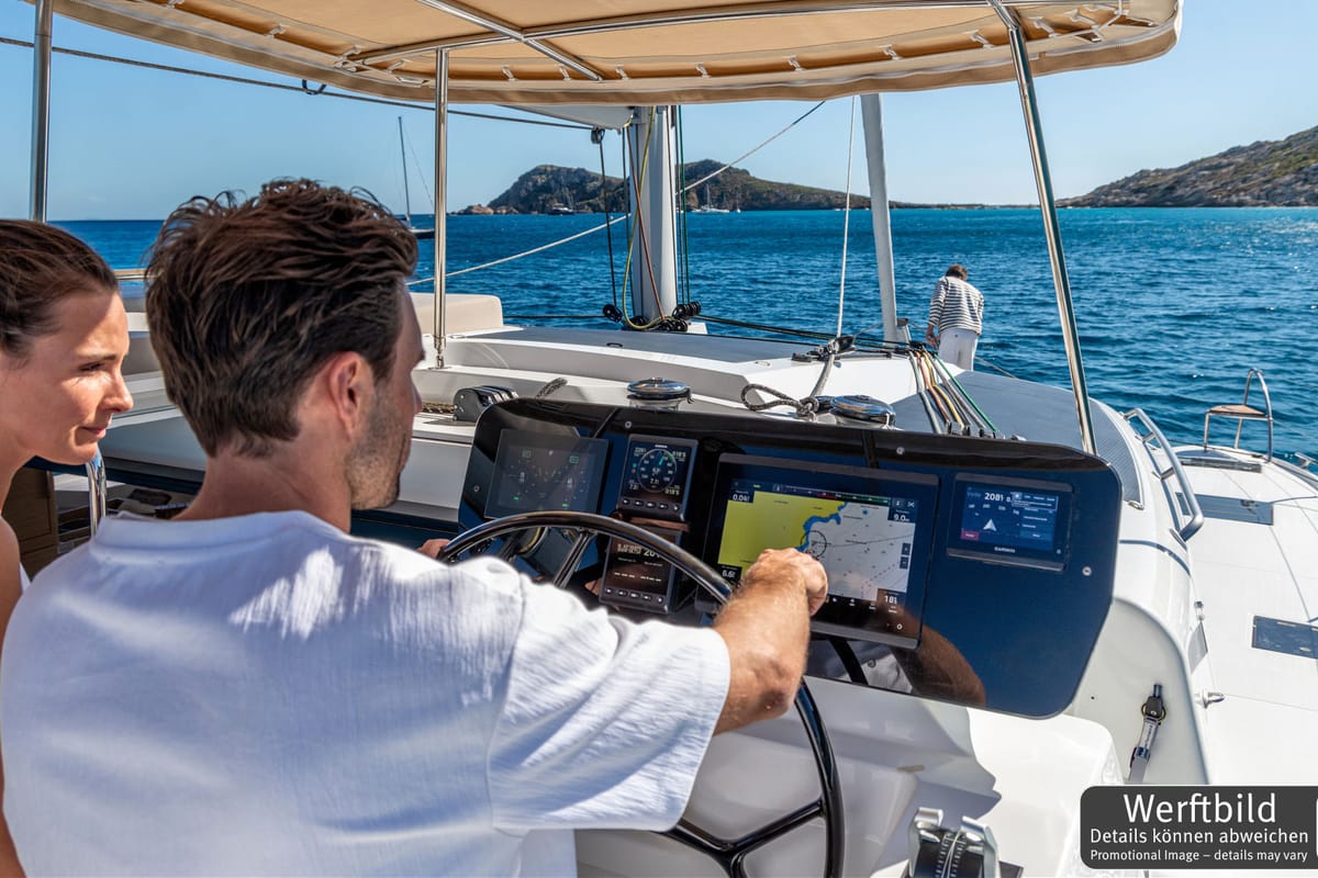 Exterior view of Hi Iaka, a Fountaine Pajot FP 44 Maestro catamaran at Palma de Mallorca, Spain