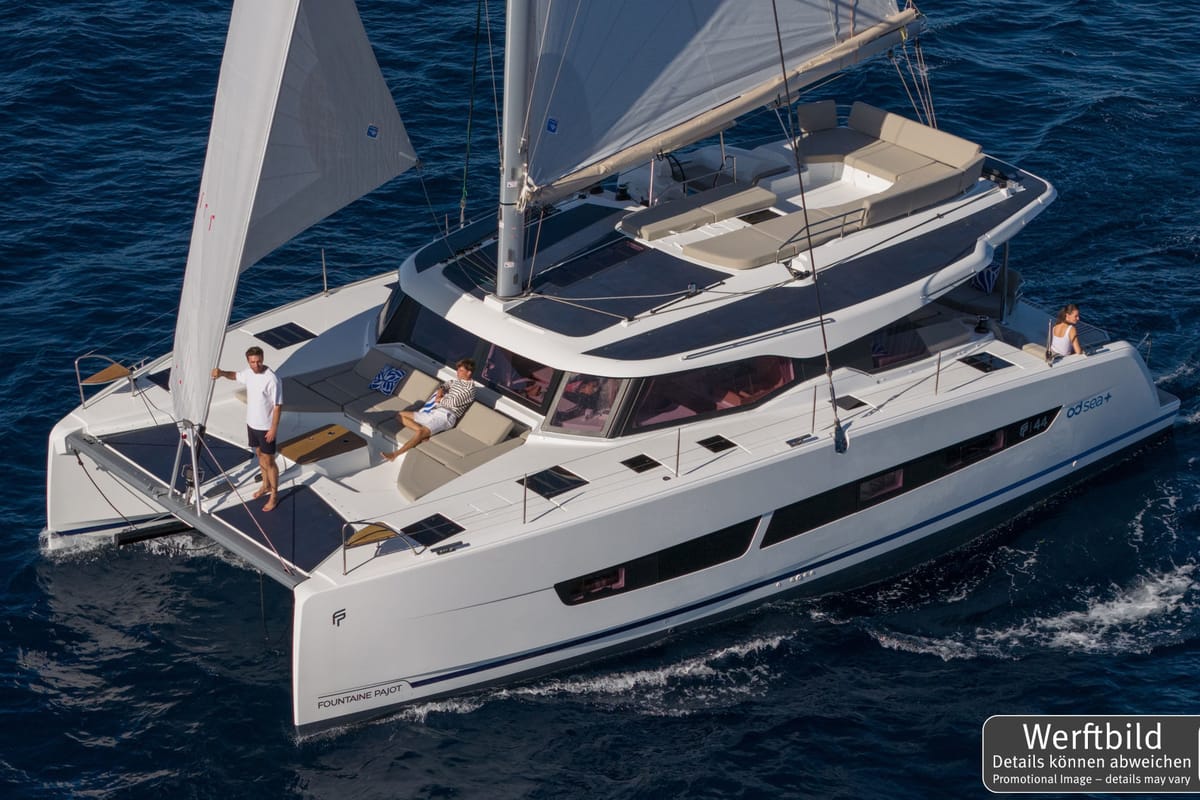 Salon of Hi Iaka, a Fountaine Pajot FP 44 Maestro catamaran at Palma de Mallorca, Spain