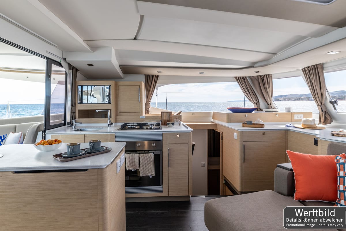 Salon of Hi Iaka, a Fountaine Pajot FP 44 Maestro catamaran at Palma de Mallorca, Spain