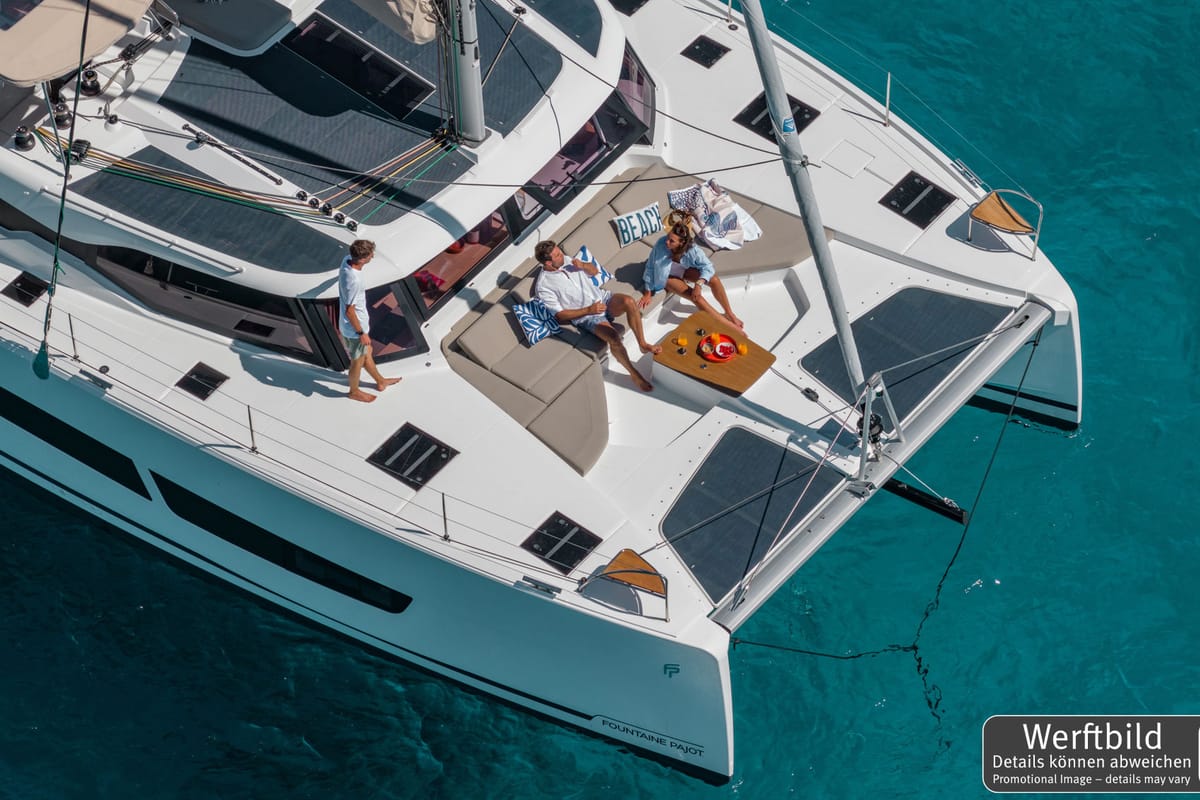 Cabin on Hi Iaka, a Fountaine Pajot FP 44 Maestro catamaran at Palma de Mallorca, Spain