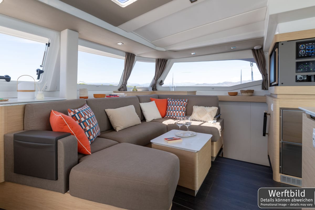 Cabin on Hi Iaka, a Fountaine Pajot FP 44 Maestro catamaran at Palma de Mallorca, Spain