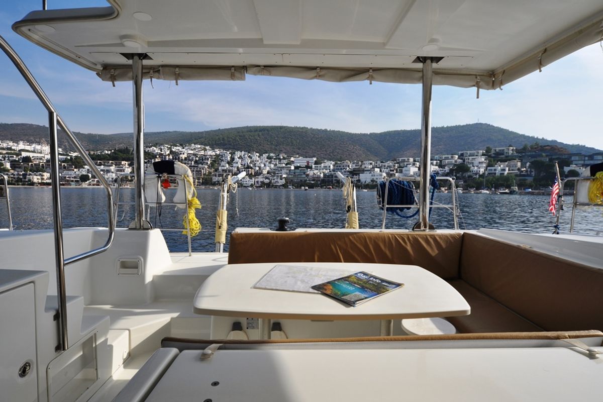 Deck of Paluko, a Lagoon 421 catamaran at Bodrum, Turkey