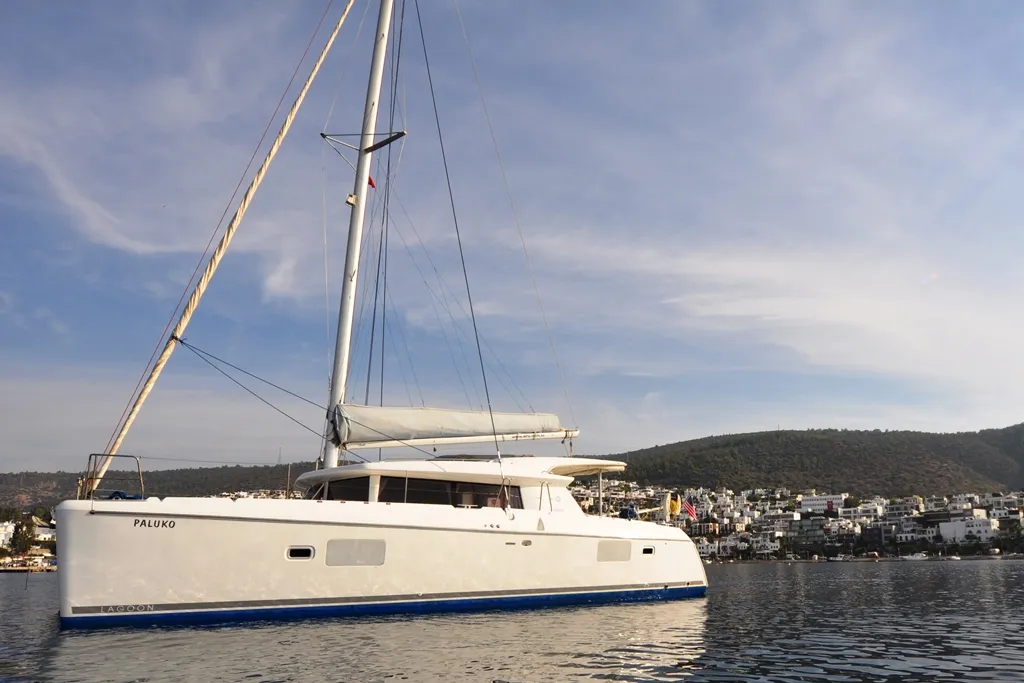 Exterior view of Paluko, a Lagoon 421 catamaran at Bodrum, Turkey