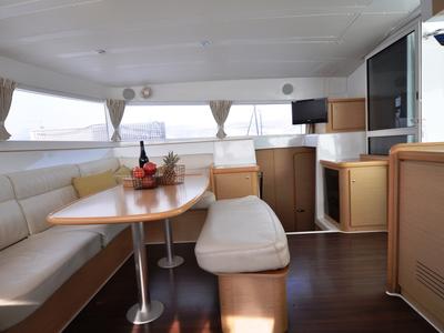 Salon of Paluko, a Lagoon 421 catamaran at Bodrum, Turkey