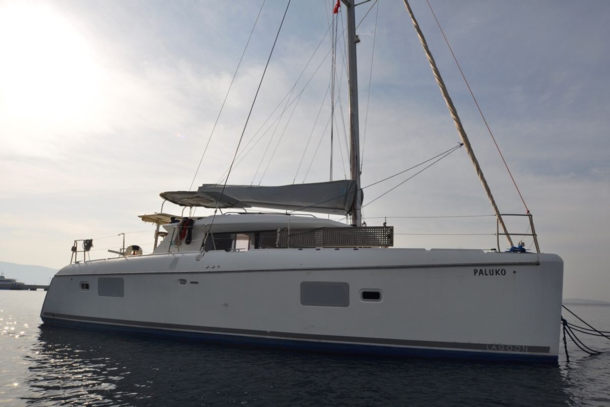 Exterior view of Paluko, a Lagoon 421 catamaran at Bodrum, Turkey