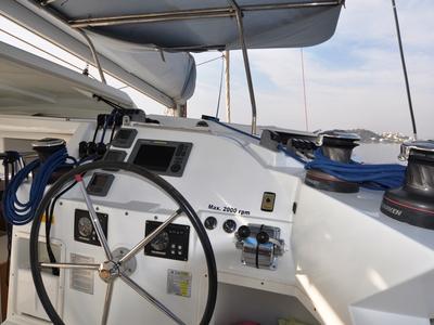 Cockpit of Paluko, a Lagoon 421 catamaran at Bodrum, Turkey