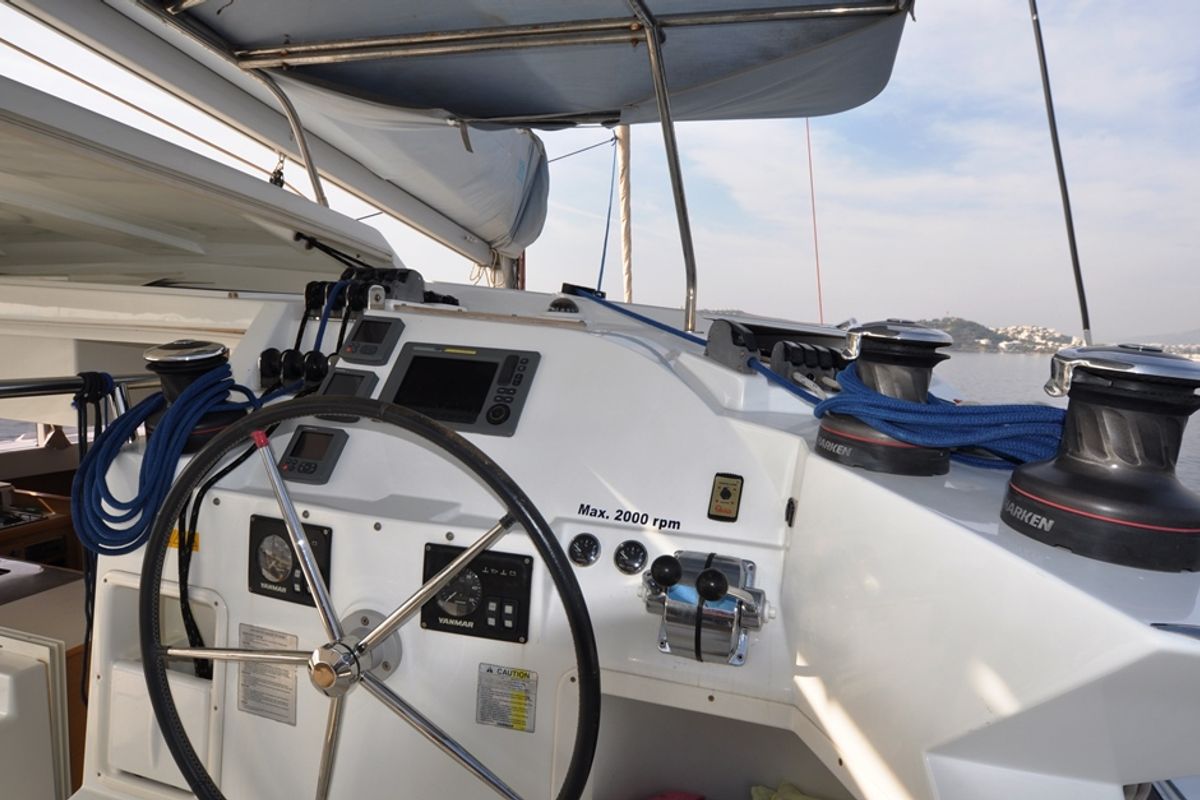 Cockpit of Paluko, a Lagoon 421 catamaran at Bodrum, Turkey