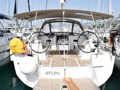 Cockpit of 4Fun, a Jeanneau Sun Odyssey 519 sailboat at Grad Kaštela, Croatia
