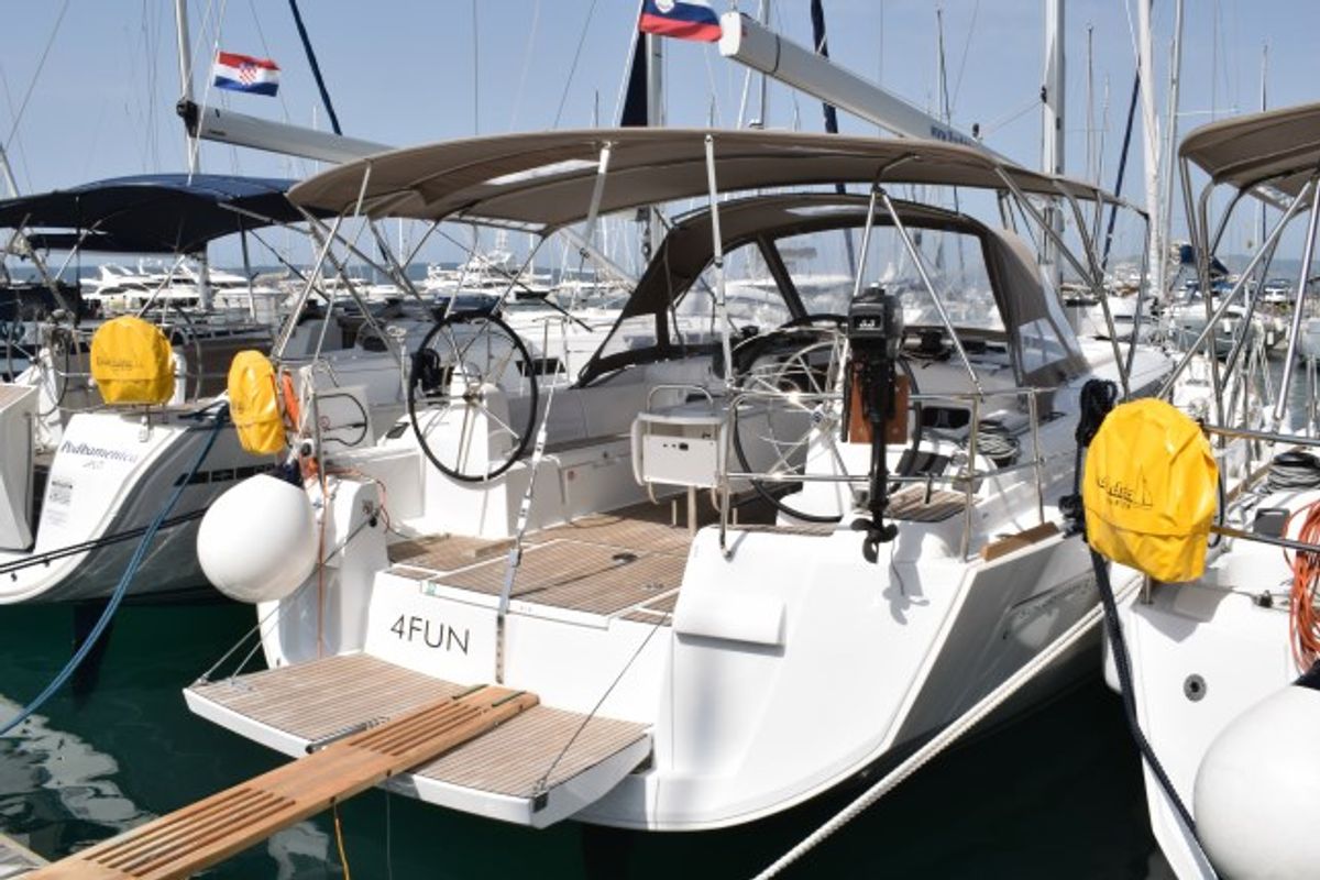 Cockpit of 4Fun, a Jeanneau Sun Odyssey 519 sailboat at Grad Kaštela, Croatia