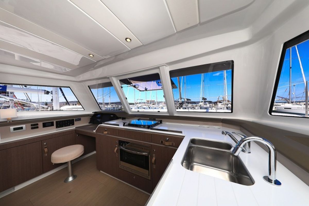 Galley of Atos, a Bali Catspace catamaran at Grad Biograd na Moru, Croatia