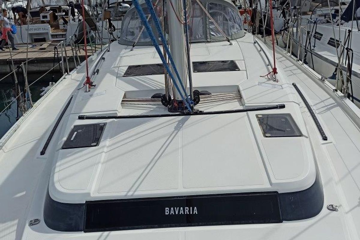 Deck of Nutmeg, a Bavaria C45 sailboat at Municipal Unit of Lefkada, Greece