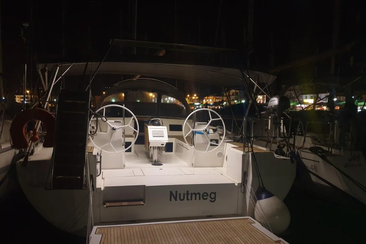 Exterior view of Nutmeg, a Bavaria C45 sailboat at Municipal Unit of Lefkada, Greece
