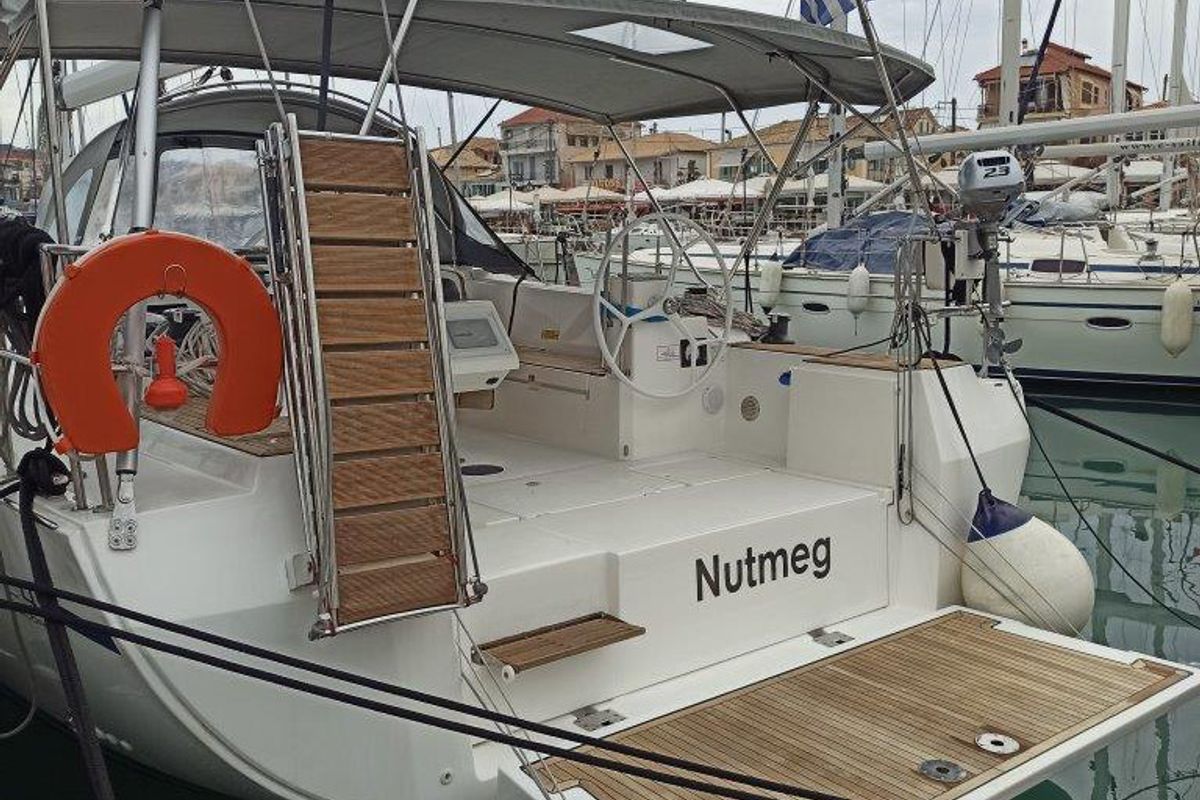 Exterior view of Nutmeg, a Bavaria C45 sailboat at Municipal Unit of Lefkada, Greece