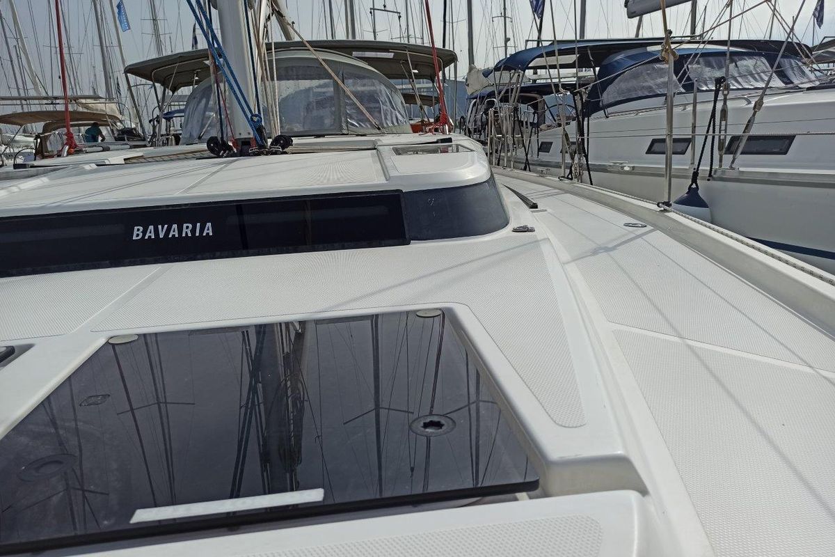 Deck of Nutmeg, a Bavaria C45 sailboat at Municipal Unit of Lefkada, Greece