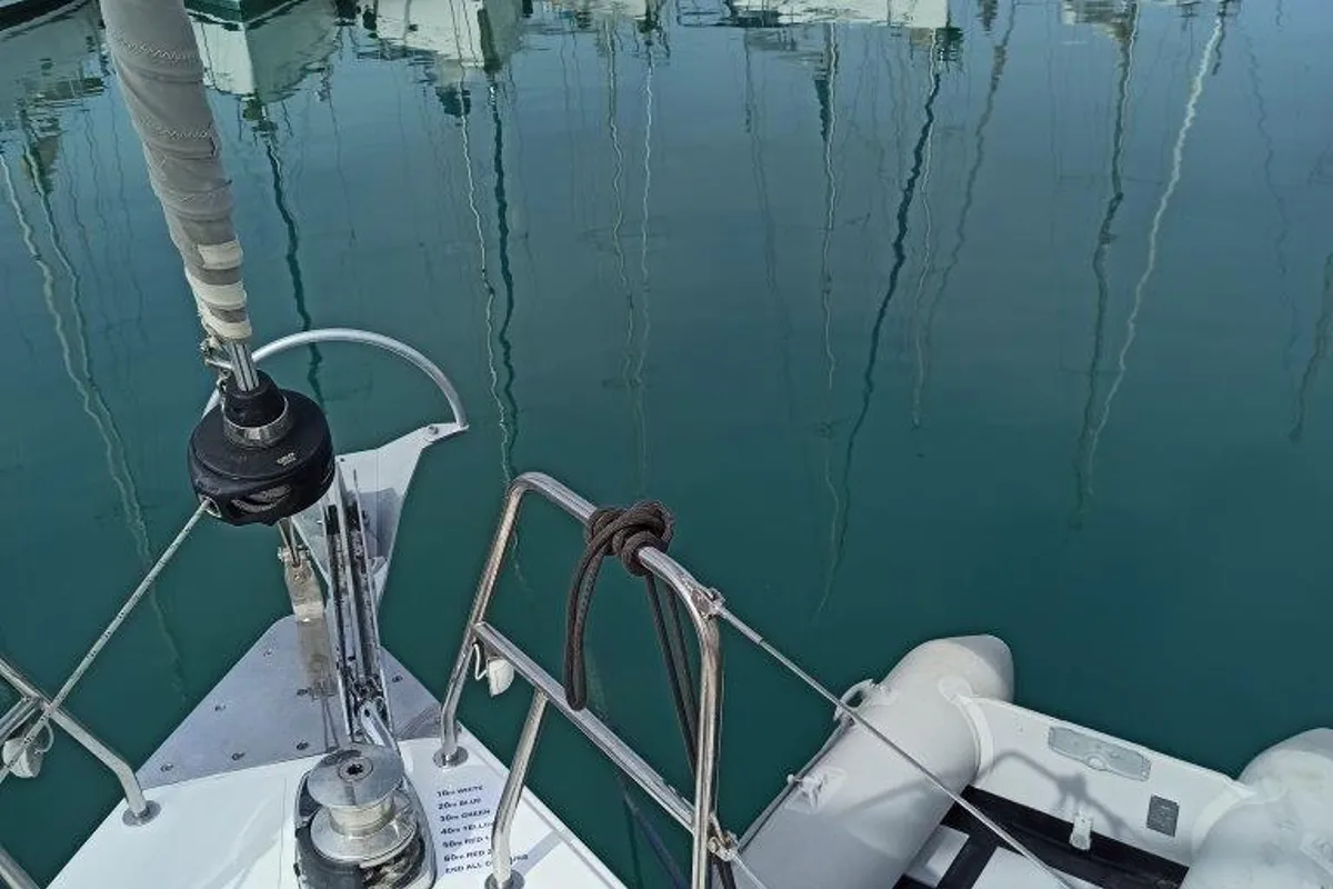 Deck of Nutmeg, a Bavaria C45 sailboat at Municipal Unit of Lefkada, Greece