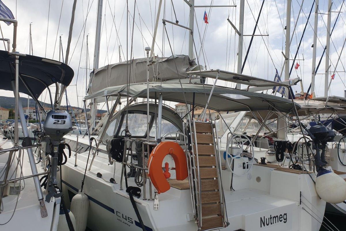 Exterior view of Nutmeg, a Bavaria C45 sailboat at Municipal Unit of Lefkada, Greece