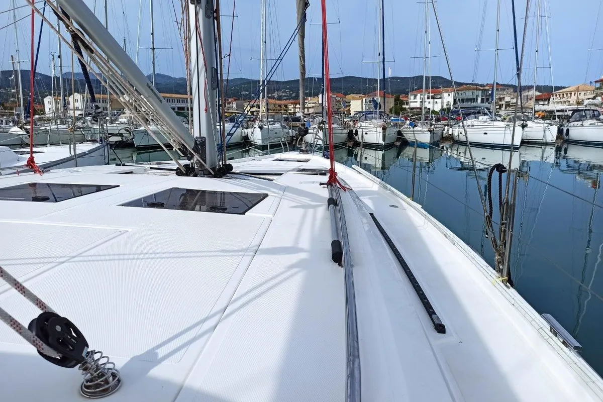Deck of Nutmeg, a Bavaria C45 sailboat at Municipal Unit of Lefkada, Greece