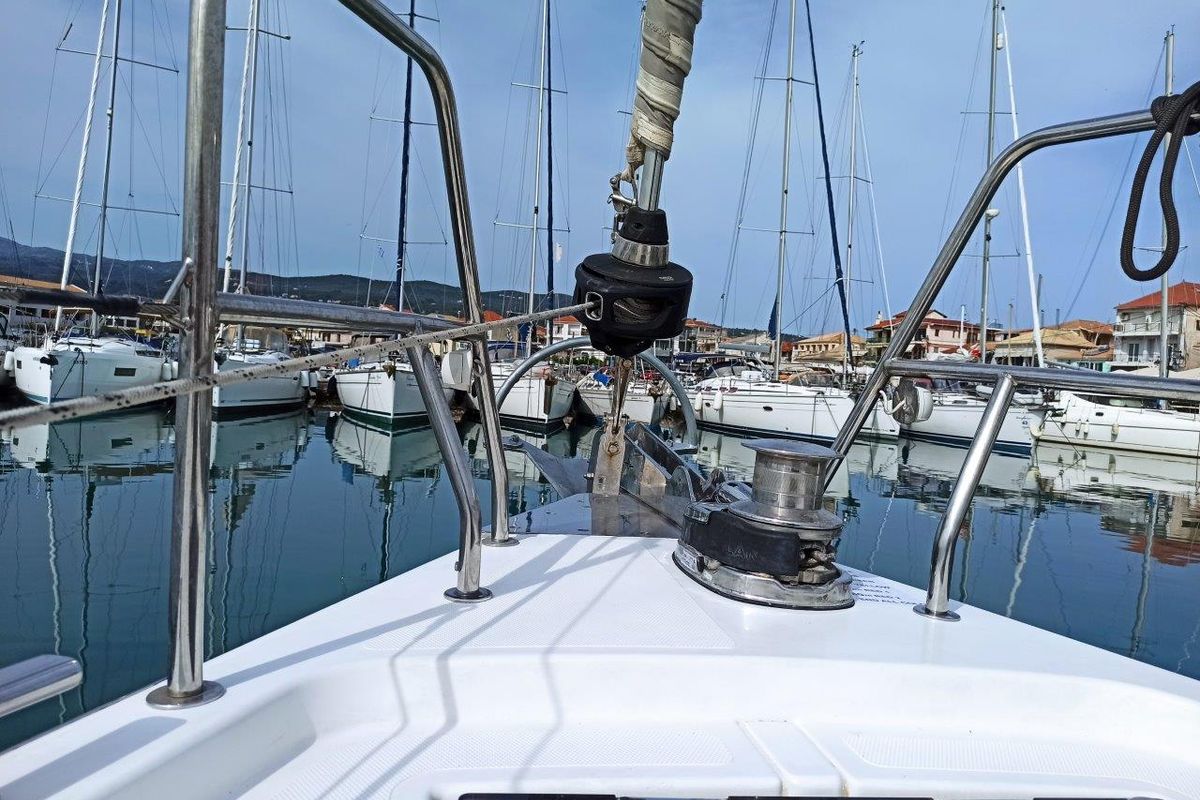 Deck of Nutmeg, a Bavaria C45 sailboat at Municipal Unit of Lefkada, Greece