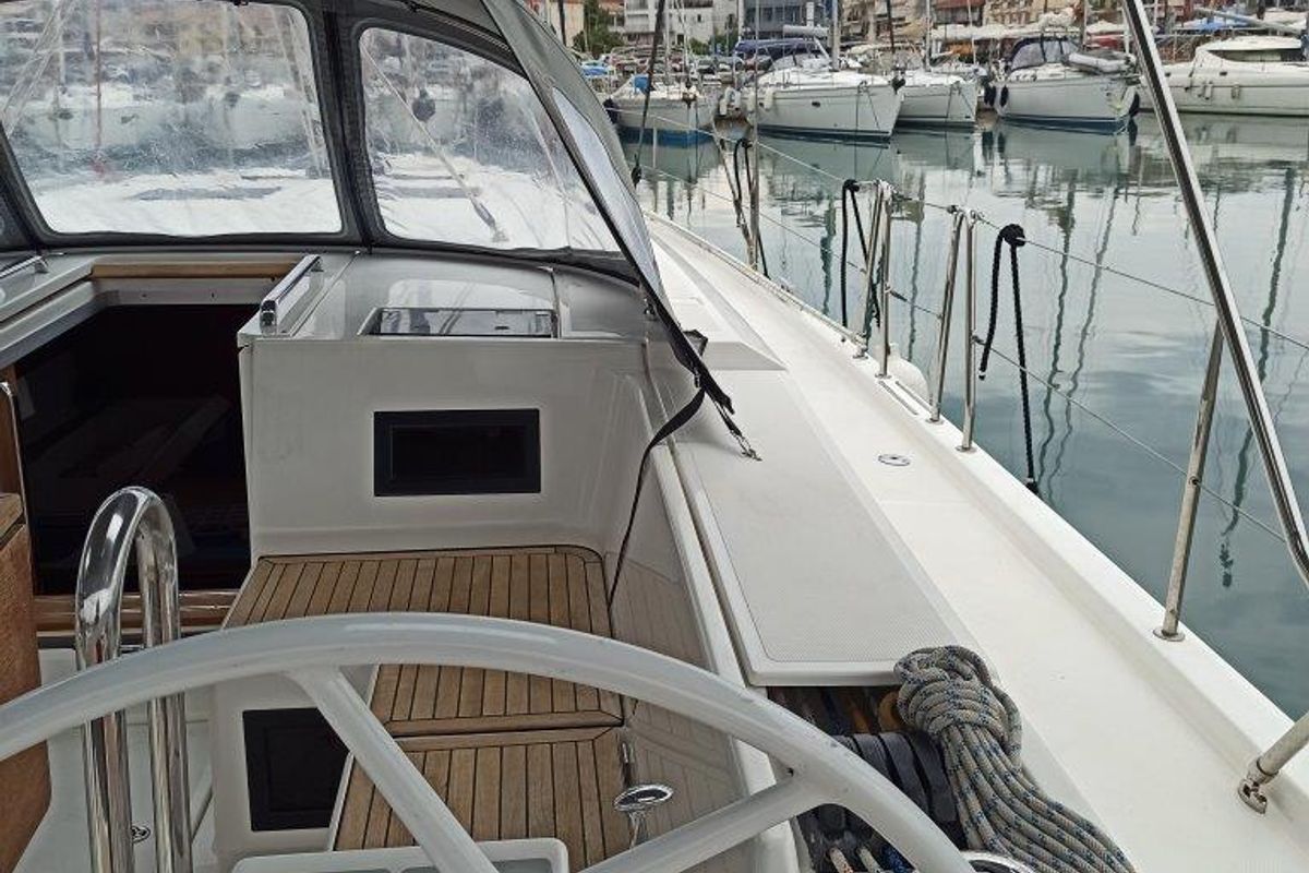 Cockpit of Nutmeg, a Bavaria C45 sailboat at Municipal Unit of Lefkada, Greece