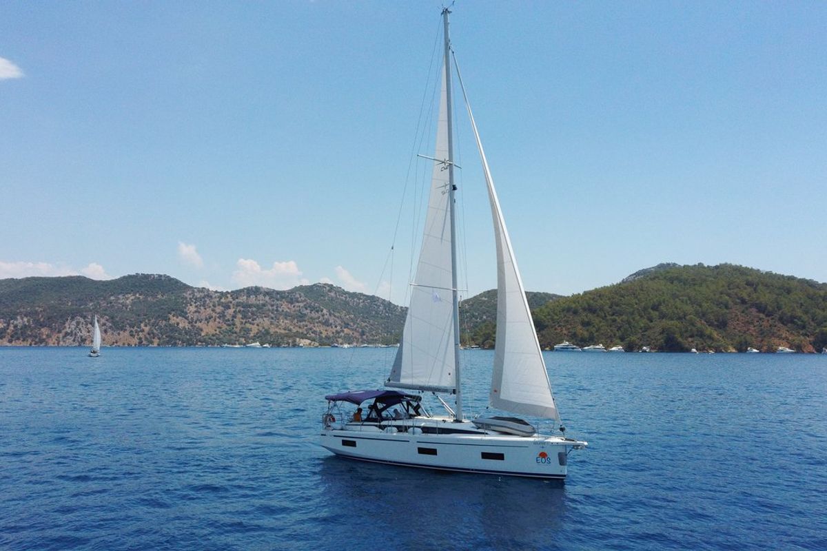 Exterior view of Selene, a Bavaria C42 sailboat at Fethiye, Turkey