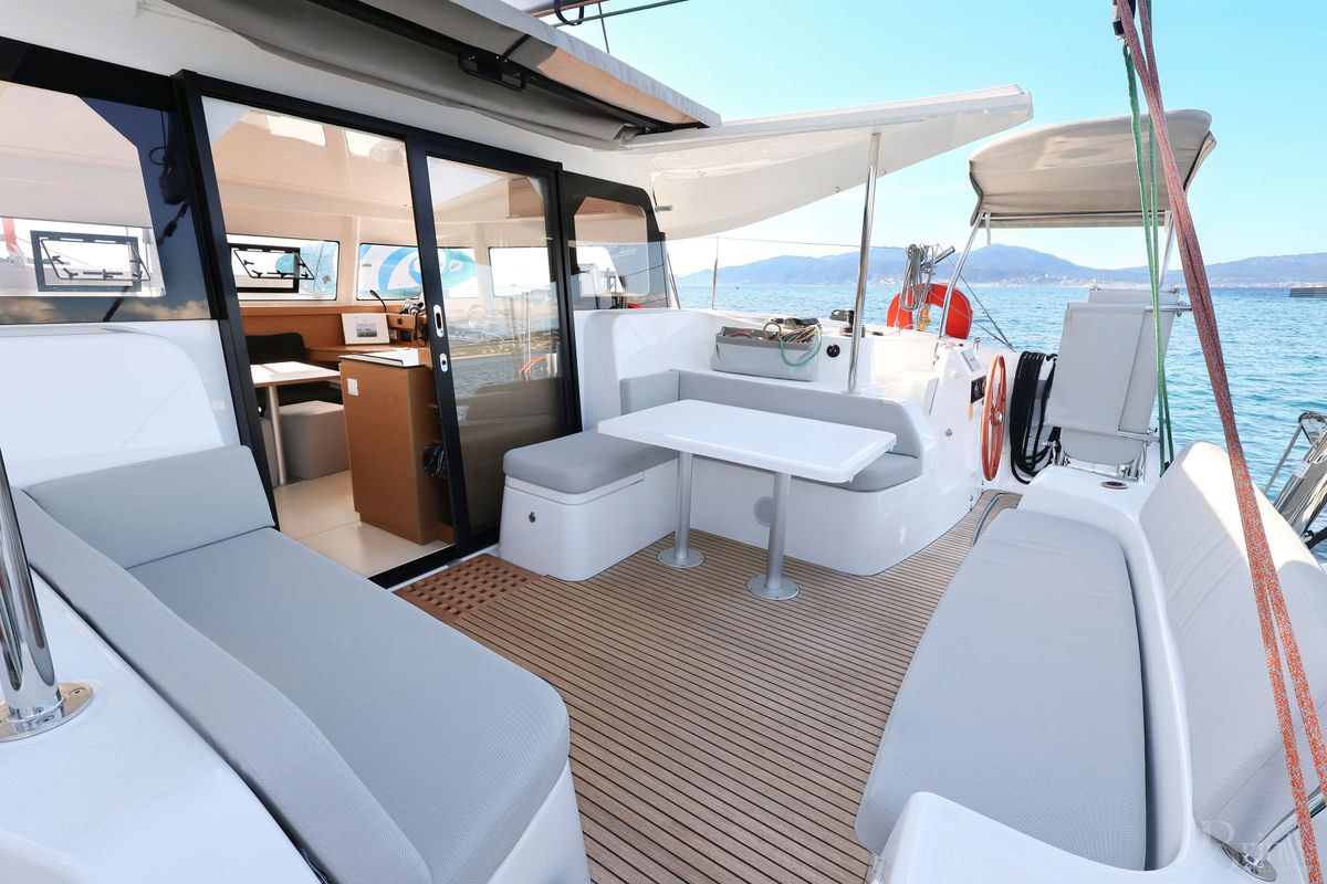 Deck of ADOC, a Excess 11 catamaran at Ajaccio, France