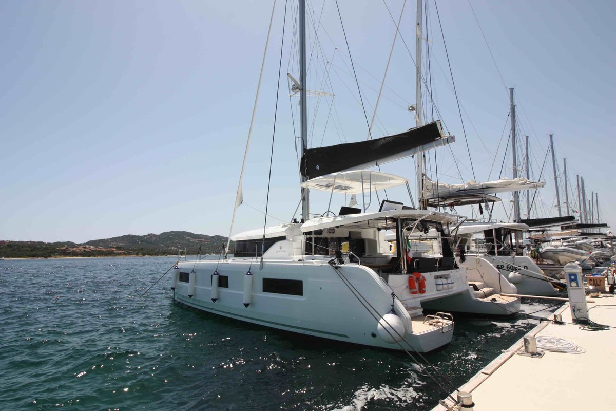Exterior view of Westerlund, a Lagoon 46 catamaran at Grand Anse, Grenada