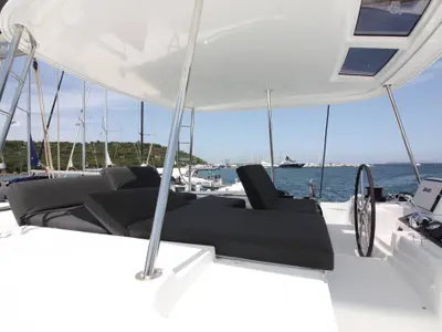 Cockpit of Westerlund, a Lagoon 46 catamaran at Grand Anse, Grenada