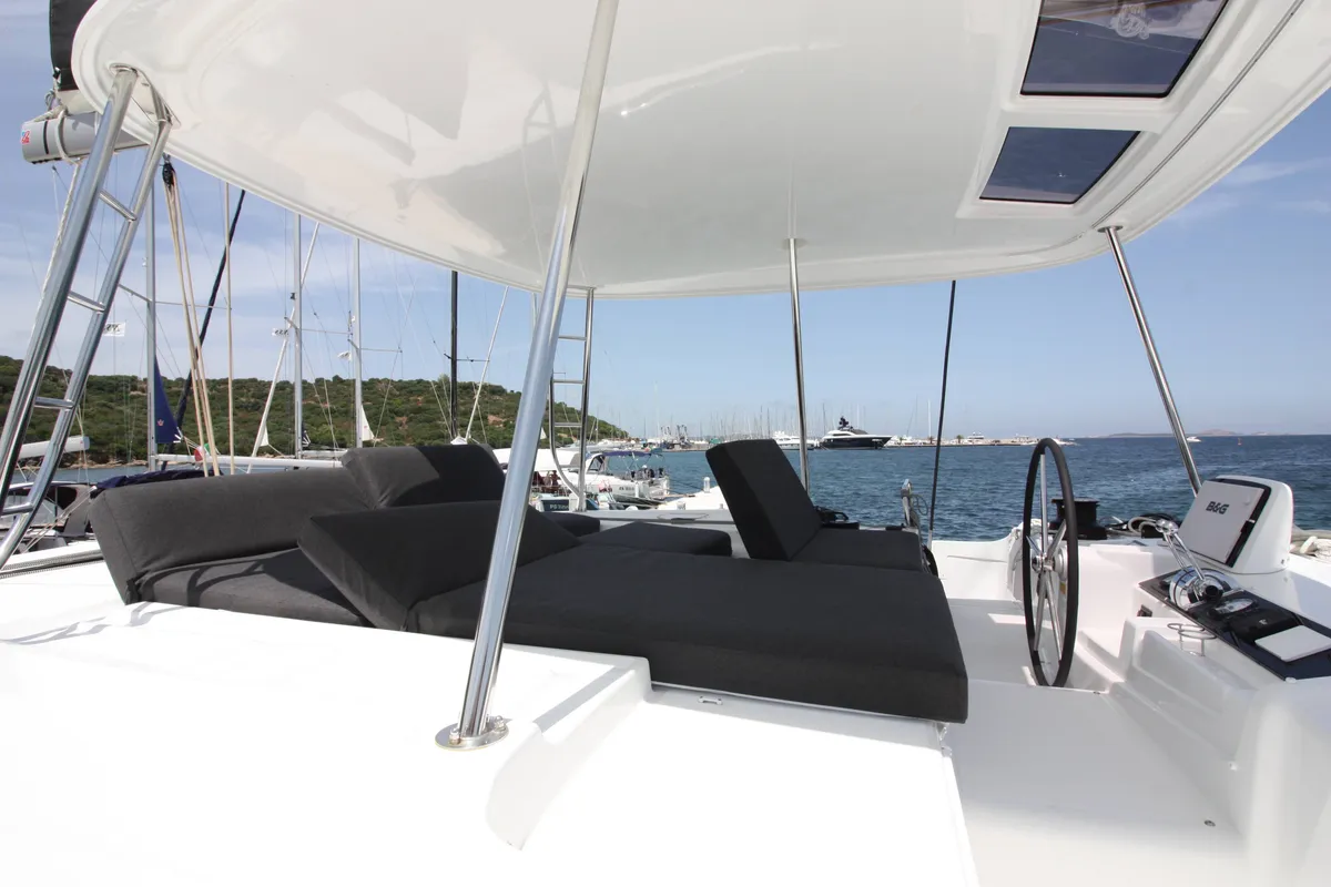Cockpit of Westerlund, a Lagoon 46 catamaran at Grand Anse, Grenada