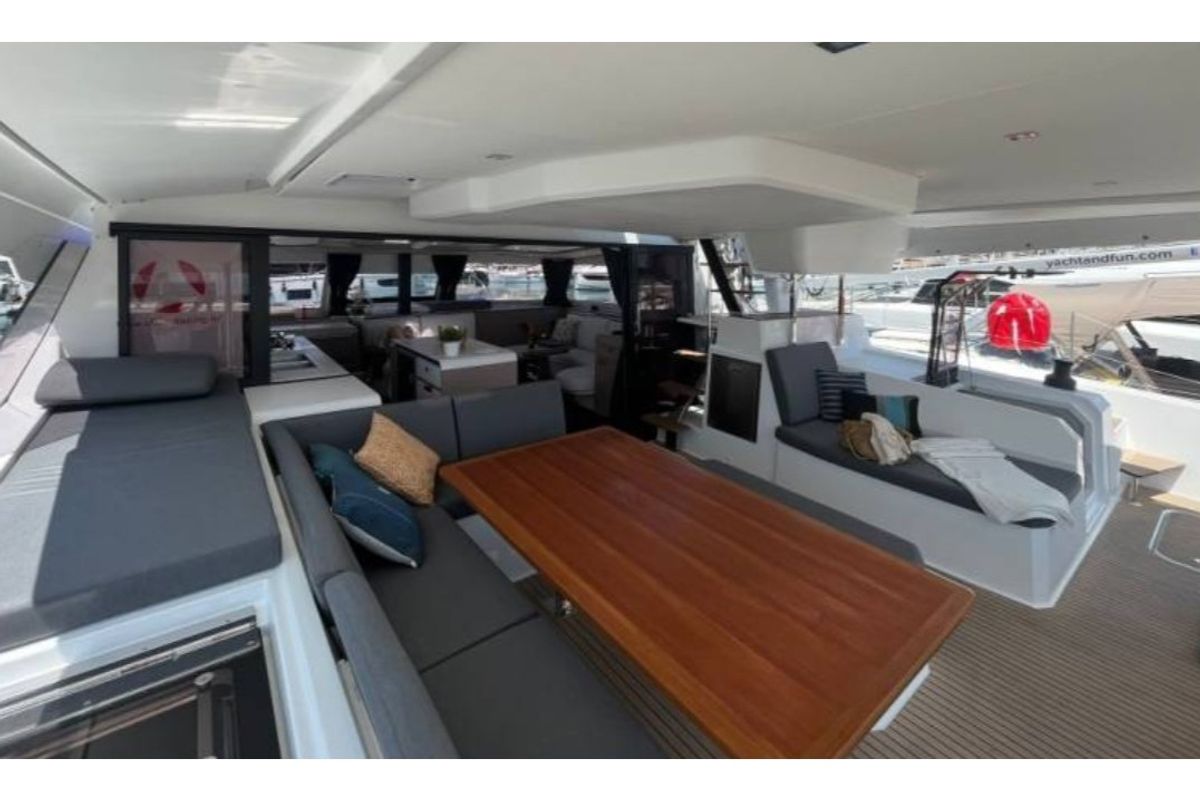 Deck of All Blue IV, a Fountaine Pajot Aura 51 catamaran at Athens, Greece