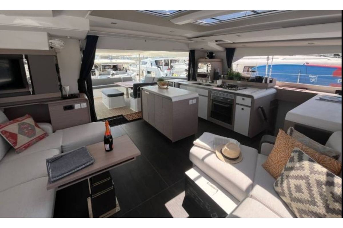 Salon of All Blue IV, a Fountaine Pajot Aura 51 catamaran at Athens, Greece