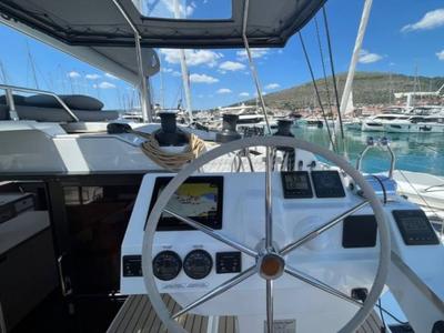 Cockpit of All Blue IV, a Fountaine Pajot Aura 51 catamaran at Athens, Greece
