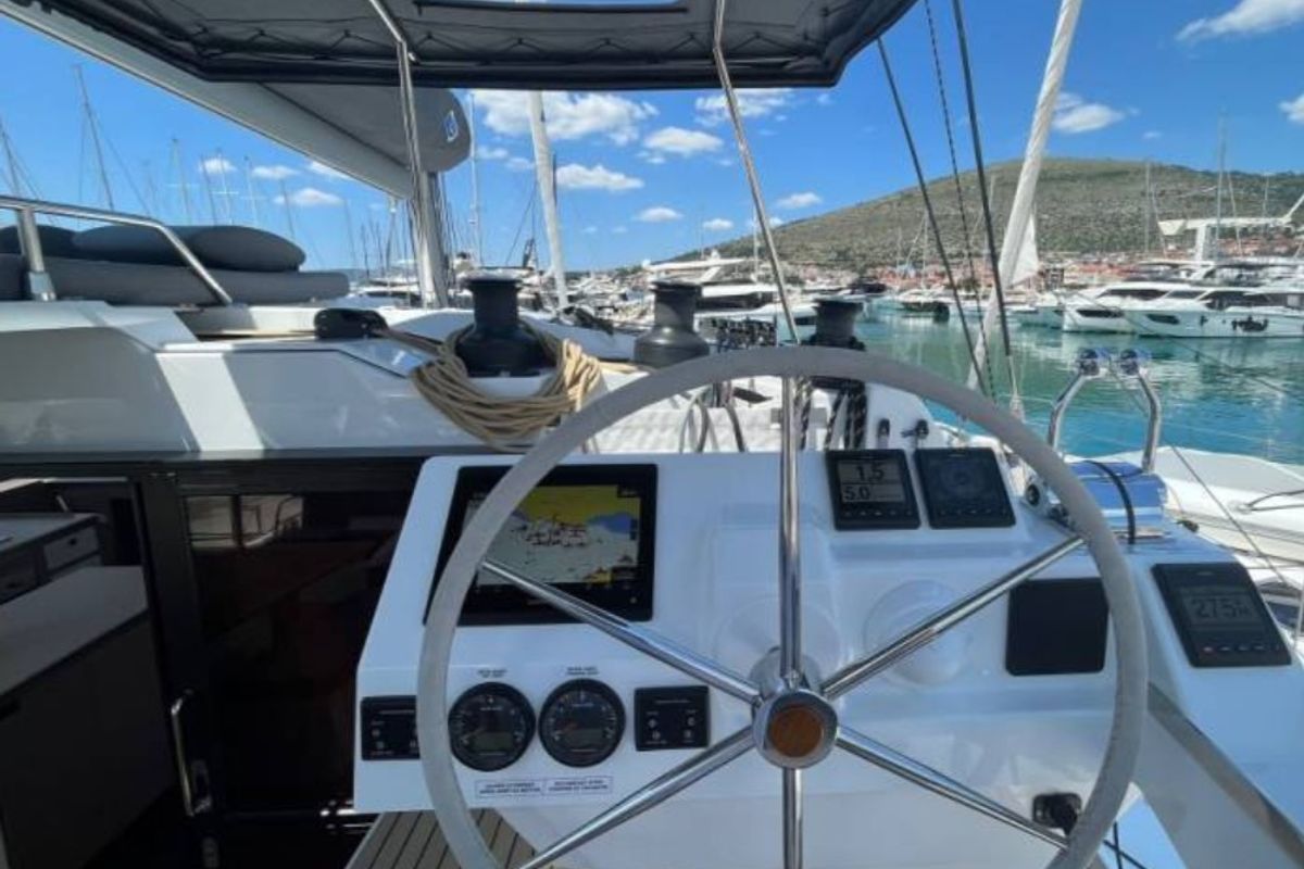 Cockpit of All Blue IV, a Fountaine Pajot Aura 51 catamaran at Athens, Greece
