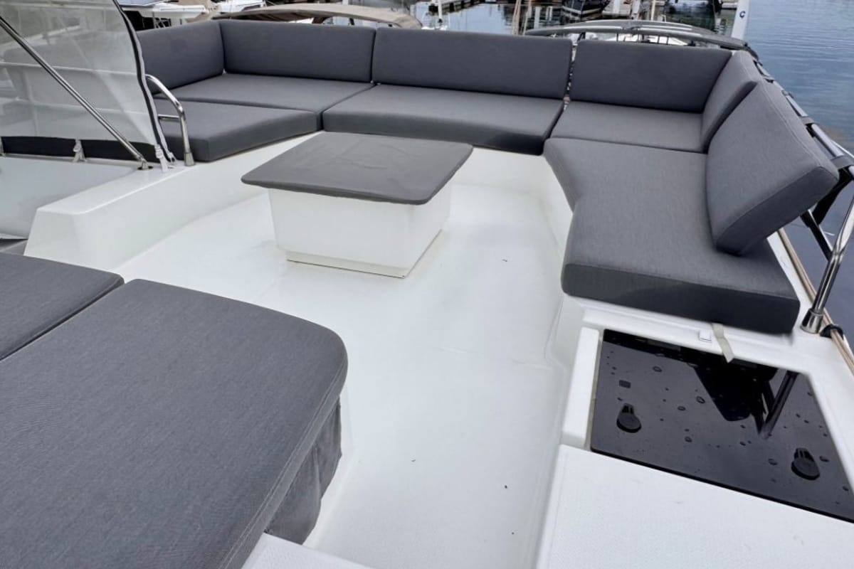 Deck of All Blue IV, a Fountaine Pajot Aura 51 catamaran at Athens, Greece