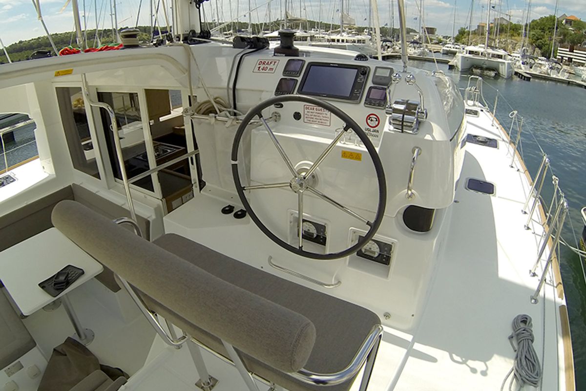 Cockpit of Bob Cat, a Lagoon 39 catamaran at Grad Šibenik, Croatia