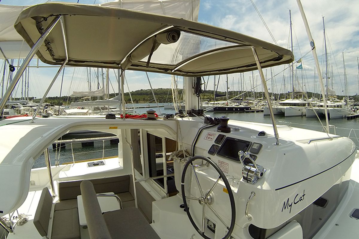 Cockpit of Bob Cat, a Lagoon 39 catamaran at Grad Šibenik, Croatia