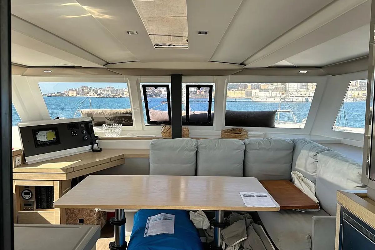 Salon of LIPARA, a Fountaine Pajot Lucia 40 catamaran at U Pàize/Carloforte, Italy