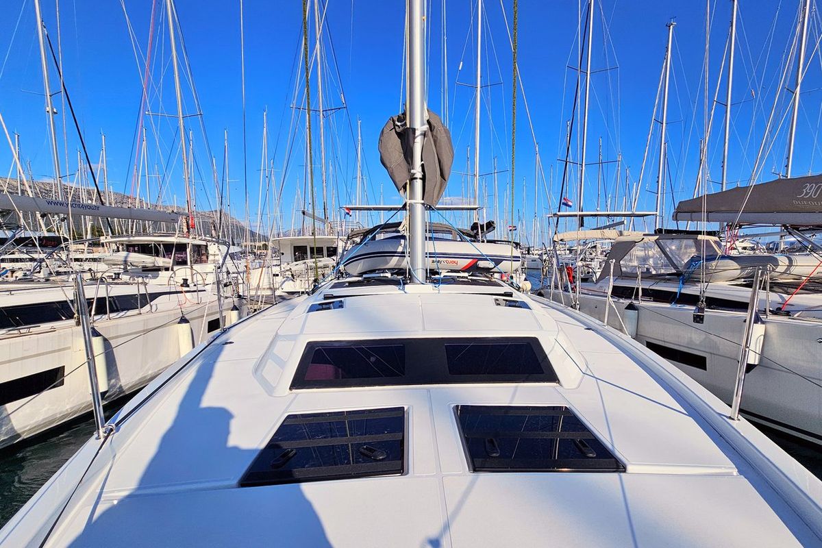 Deck of Furioso, a Dufour 44 sailboat at Grad Kaštela, Croatia