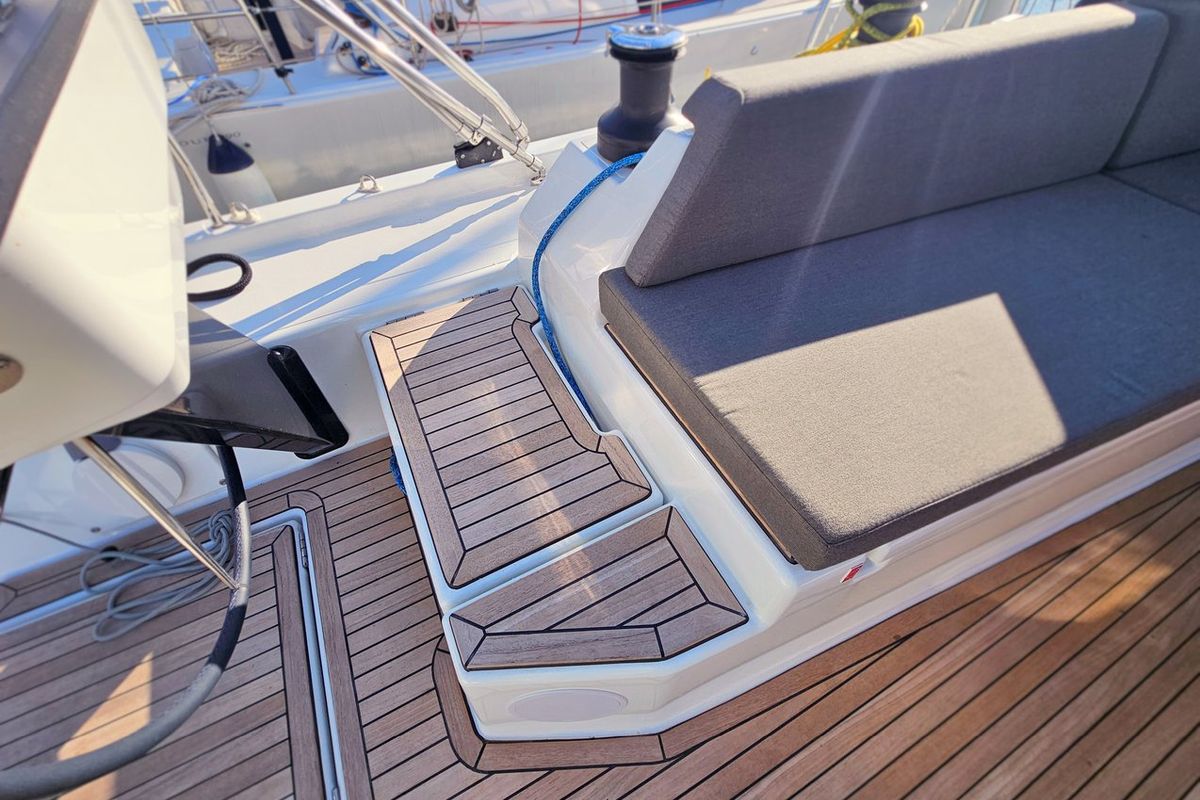 Deck of Furioso, a Dufour 44 sailboat at Grad Kaštela, Croatia