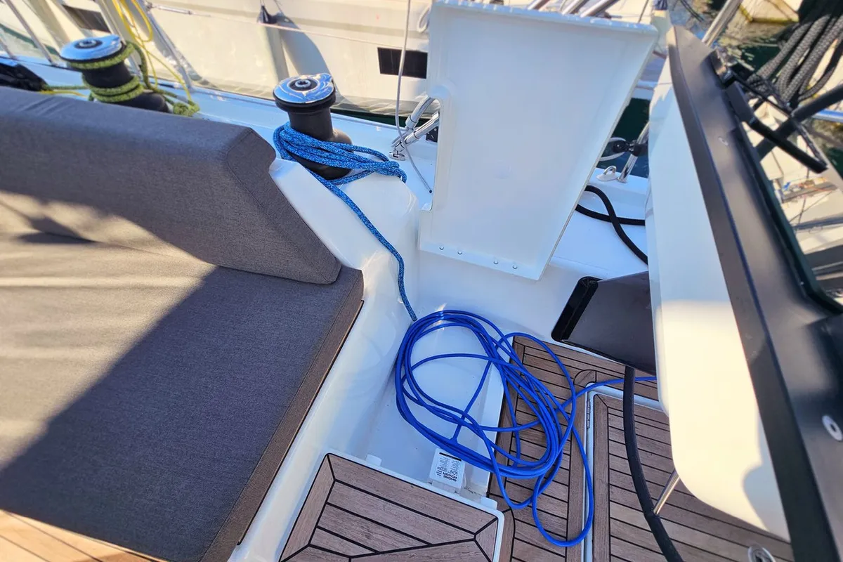 Deck of Furioso, a Dufour 44 sailboat at Grad Kaštela, Croatia