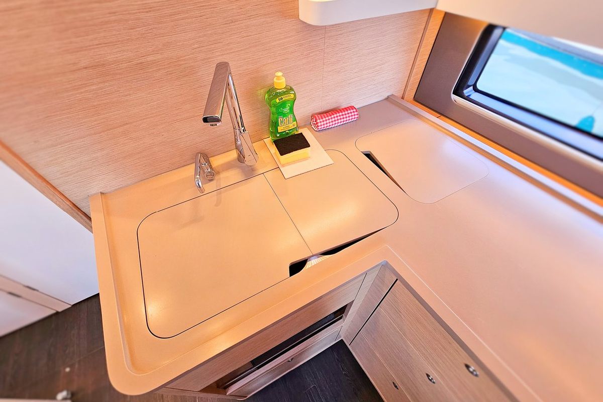 Galley of Furioso, a Dufour 44 sailboat at Grad Kaštela, Croatia
