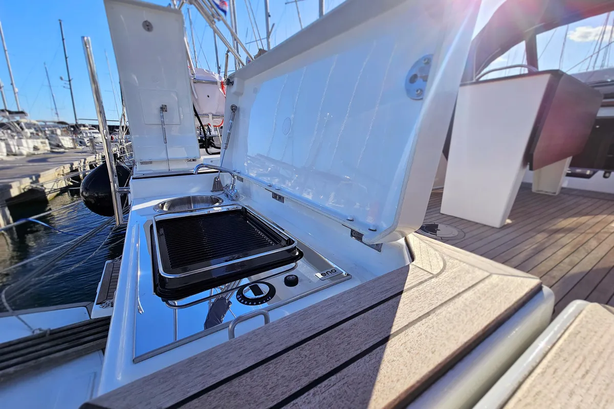 Deck of Furioso, a Dufour 44 sailboat at Grad Kaštela, Croatia