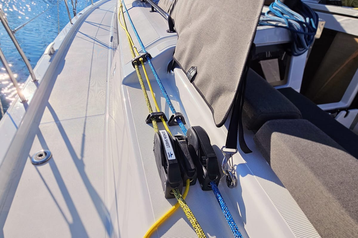 Deck of Furioso, a Dufour 44 sailboat at Grad Kaštela, Croatia