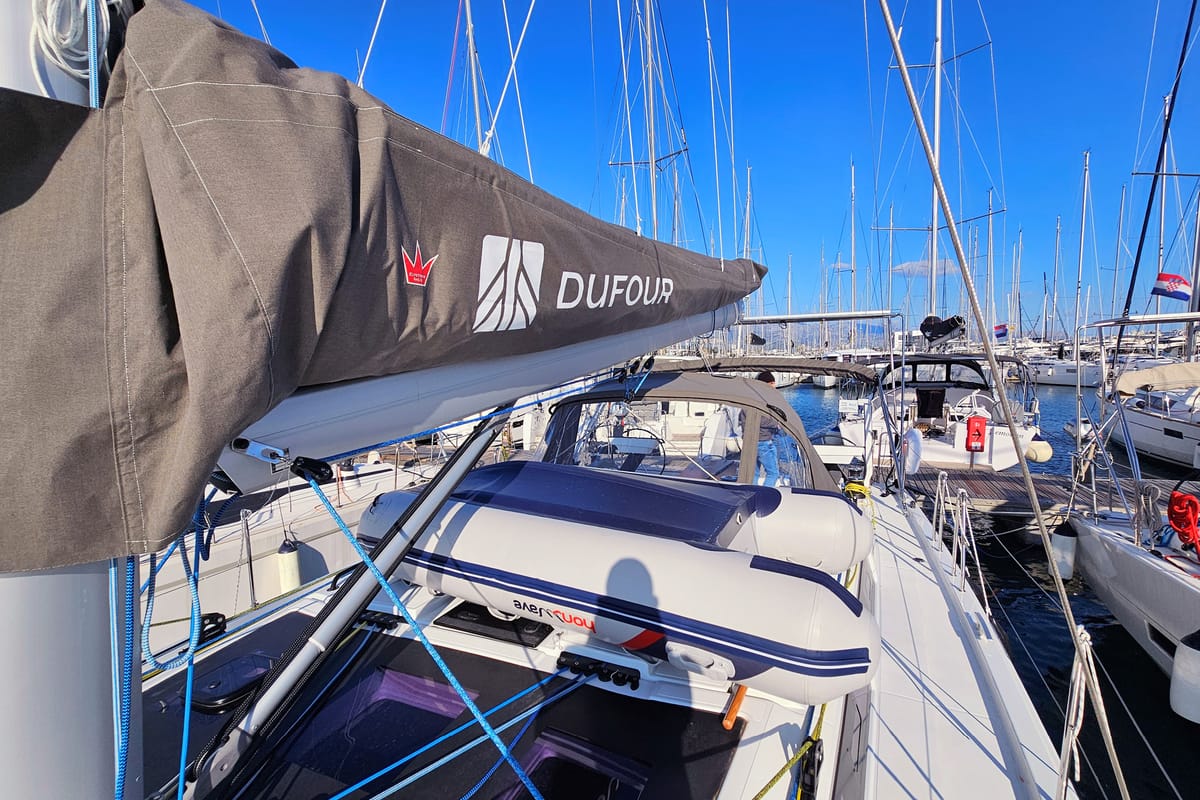 Exterior view of Furioso, a Dufour 44 sailboat at Grad Kaštela, Croatia