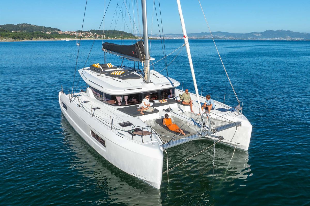 Exterior view of ALLO, a Lagoon 43 catamaran at Kontokali, Greece