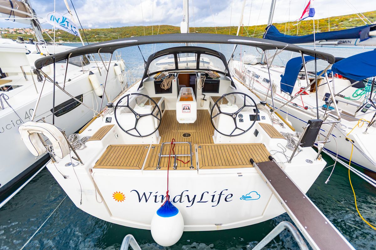 Exterior view of WindyLife, a Dufour 460 GL sailboat at Punat, Croatia